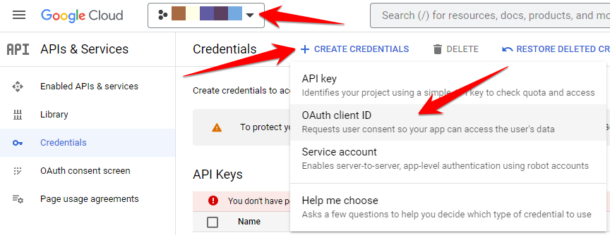 GCP Create New OAuth Option