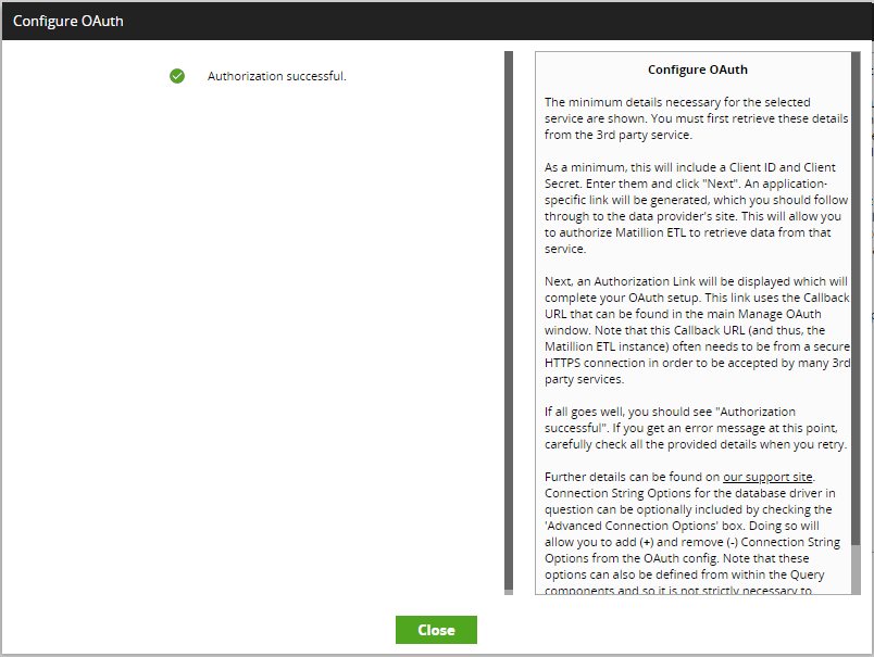 Matillion Authorization Successful Screen