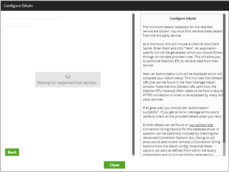 Matillion OAuth Waiting for Service Response