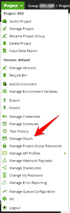 Matillion Project Menu > Manage OAuth option