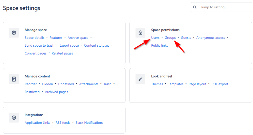 Confluence space settings user/group permission navigation menu